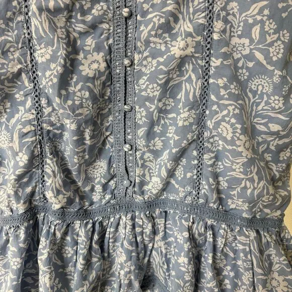 Lucky Brand Lace Trim Ruffle Shoulder Flounce Floral Mini Dress Blue White Small - Picture 7 of 10